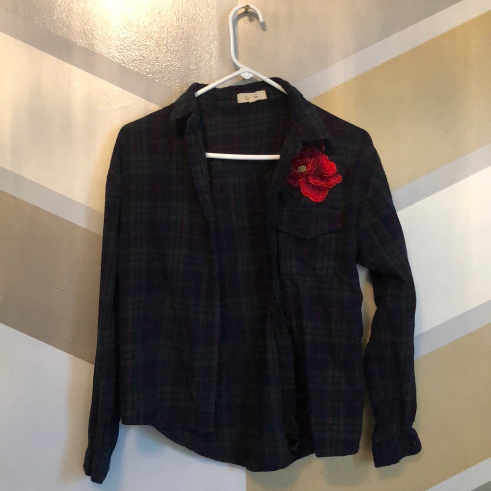 Green Plaid Flannel with Rose Embroidery